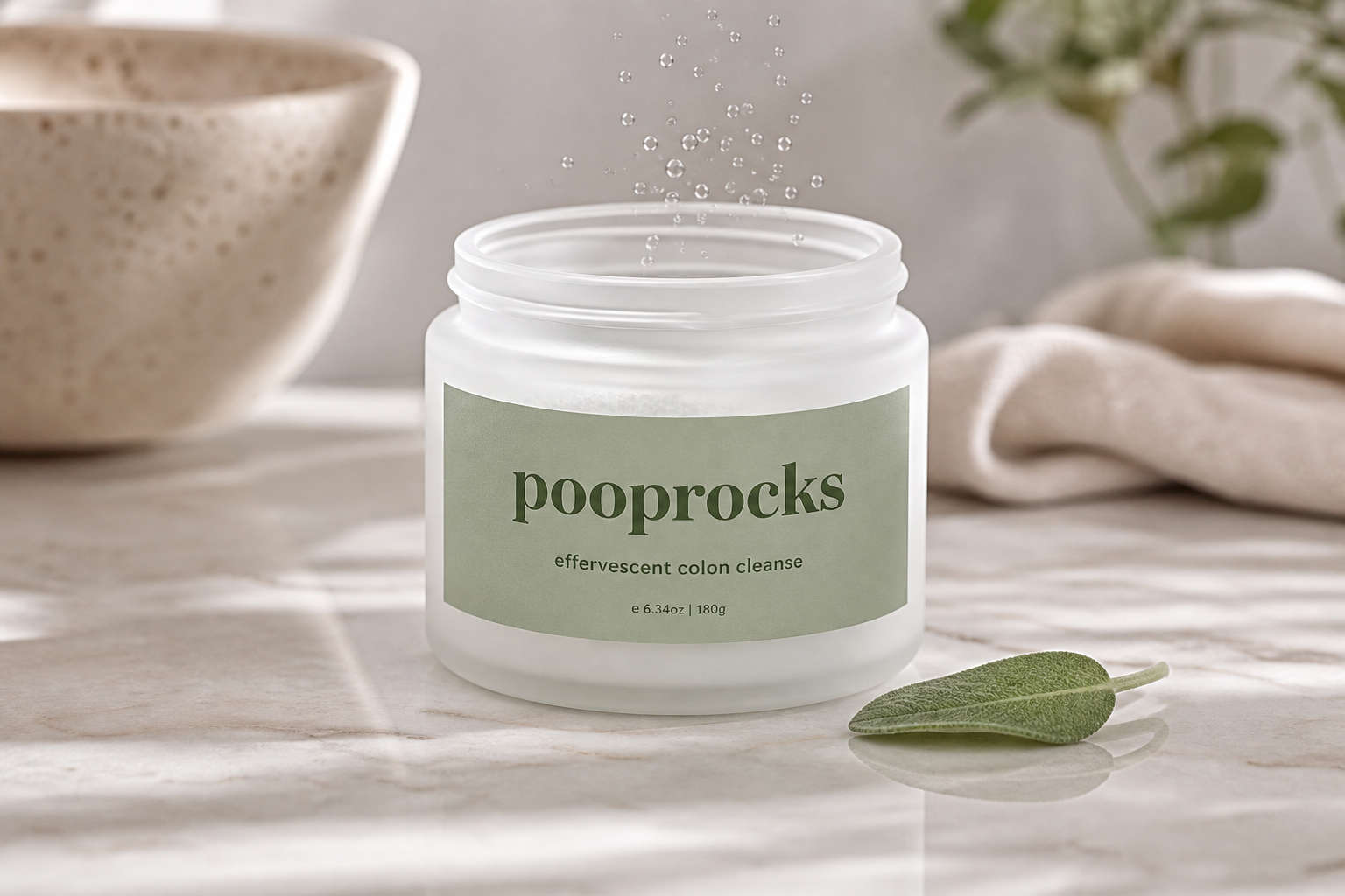 pooprocks effervescent colon cleanse jar on marble with sage leaf