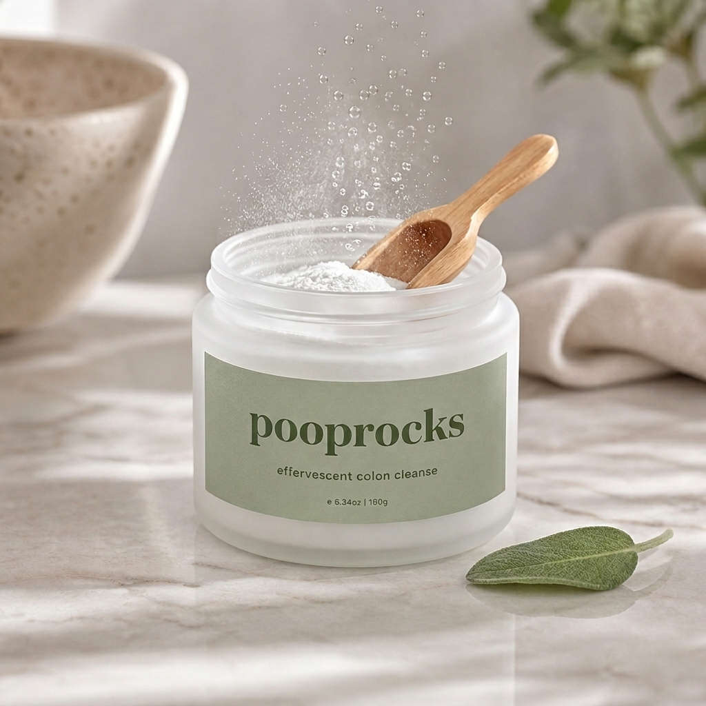 pooprocks jar styled on a marble surface